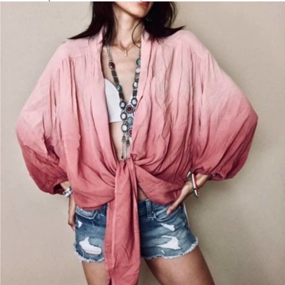 Young Fabulous & Broke Carmen Pink Ombre Tie Front V Neck Long Sleeve Top